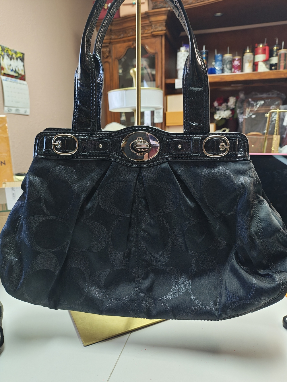 Coach Women's Black Logo-Pattern Tote Bag with Turn-Lock Detail